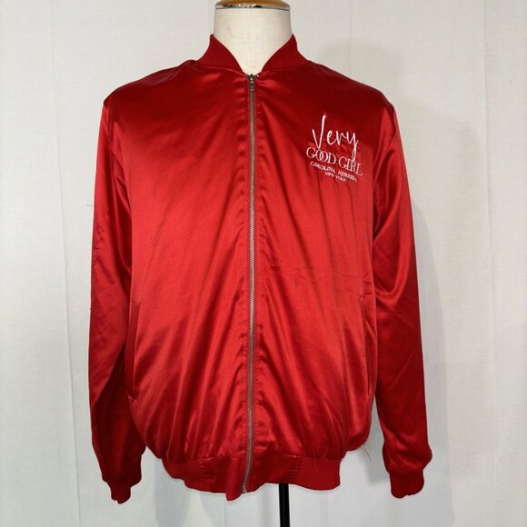 Carolina Herrera Good Gild Custom Red Polyester Bomber Jacket Zip Pockets Sz M/L - Picture 2 of 16